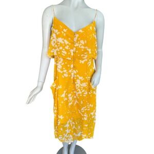 Walter Baker Sundress Sz Large Yellow Summer Dress Buttons Pockets Ruffles